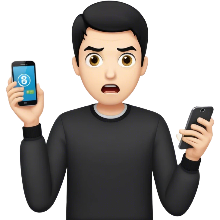 A surprised man with black hair holding a smartphone, wide eyes and open mouth, showing a banking app with a negative balance or notification of stolen money, hands in a shocked gesture, light skin tone, modern clothing, simple emoji style emoji
