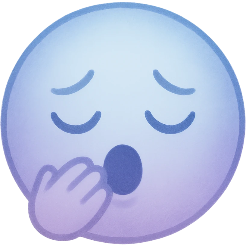 cute emoji, round face, sleepy eyes, tiny yawn, soft blue and lavender emoji