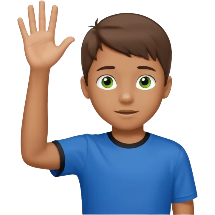 Boy 10 years old, with overgrown brown hair,with a with black and green eyes in a blue T-shirt, waves his hand emoji