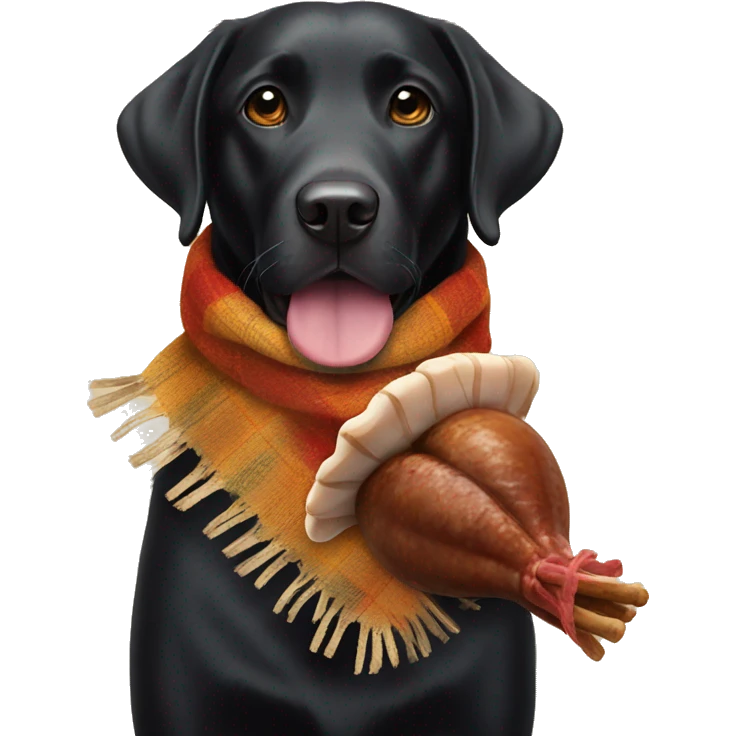Black Labrador with a fall scarf and a turkey leg in his mouth emoji