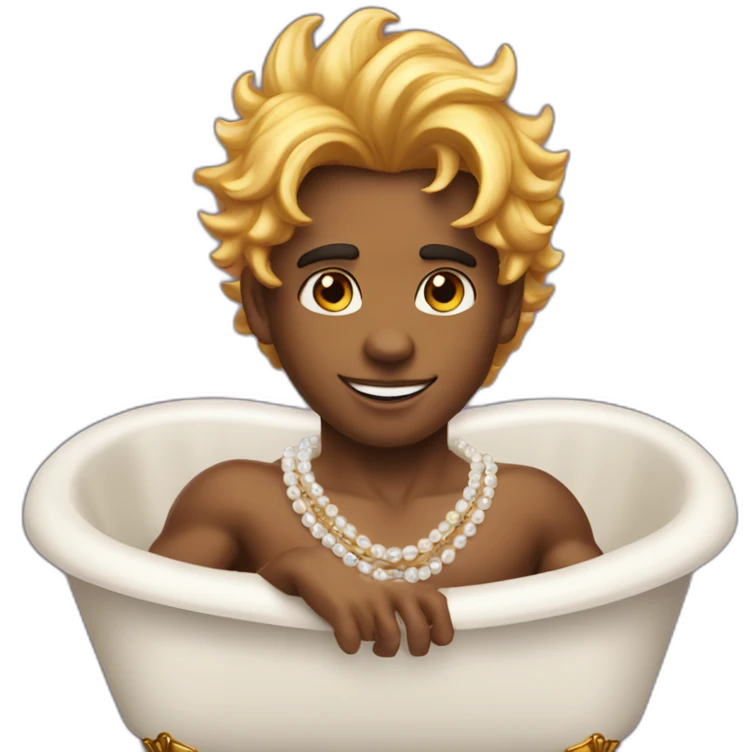 posh-muscle-boy-with-pearl-necklace-and-rainbow-unicorn-hair-in-golden-bathtub emoji