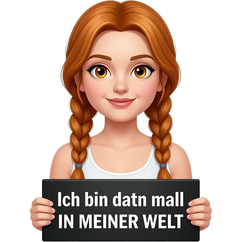 sexy girl with long ginger braids and ginger eyes wearing a white tanktop is holding a black sign with Ich bin dann mal IN MEINER WELT written on it emoji