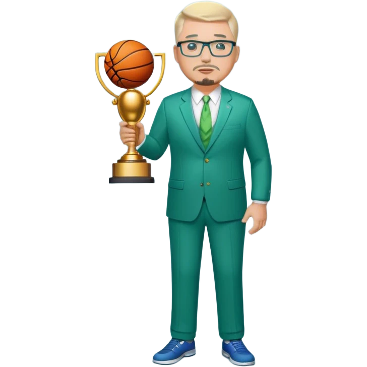 Full Body white fat male  wearing glasses with a goatee with light blonde gray very short hair basketball head Coach in blue and green suit holding trophy emoji