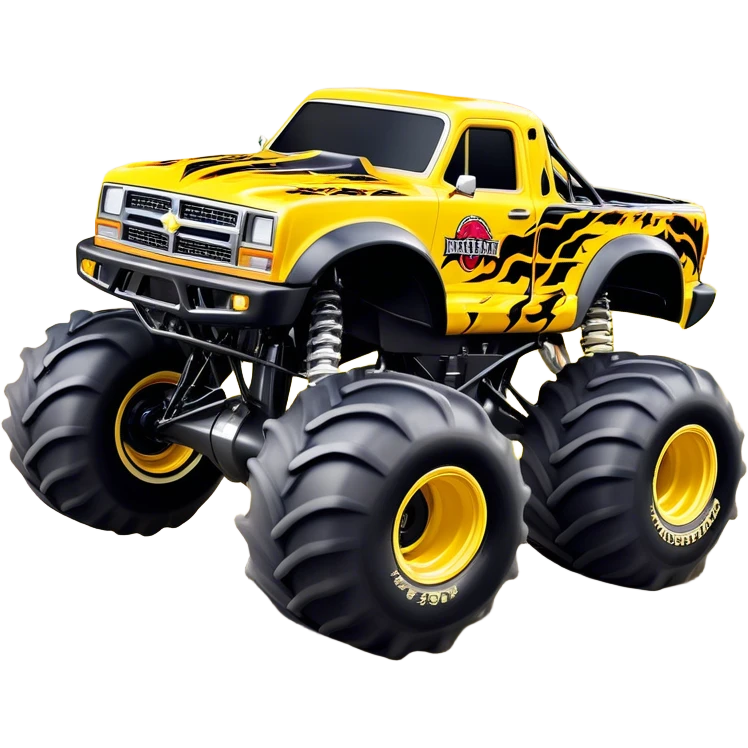 Maximum Destruction - Monster Jam (Model Year: 2021) (Iconic colour: Yellow with black flames) - A ferocious monster truck featuring a vivid yellow base accented by dramatic black flame patterns. Emphasize sharp, high-contrast flame streaks across the body, creating a look of aggressive, explosive energy. emoji