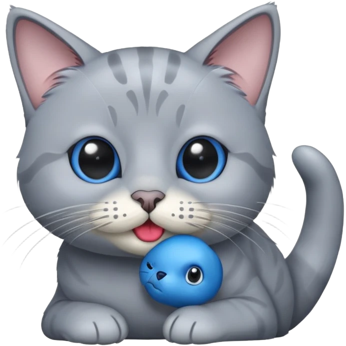 Old grey cat holding in mouth tiny blue seal  emoji
