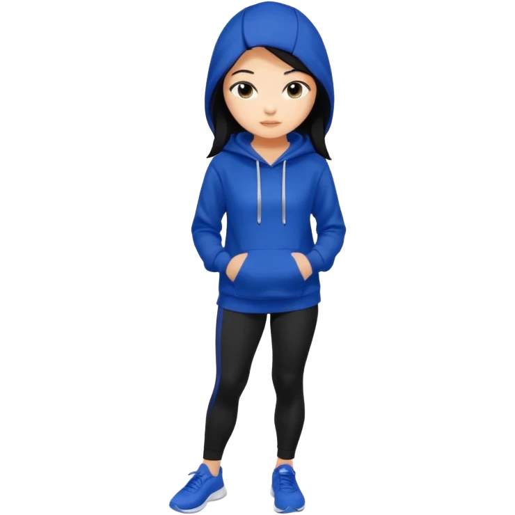 A pretty white/asian tanned girl with medium long strait dark brown almost black hair wearing a royal blue hoodie and black leggings pretty tan emoji