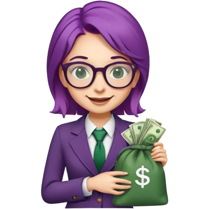 girl with purple hair and dark green suit. she is wearing glasses and hold bag of money. she smiles and whinks  emoji