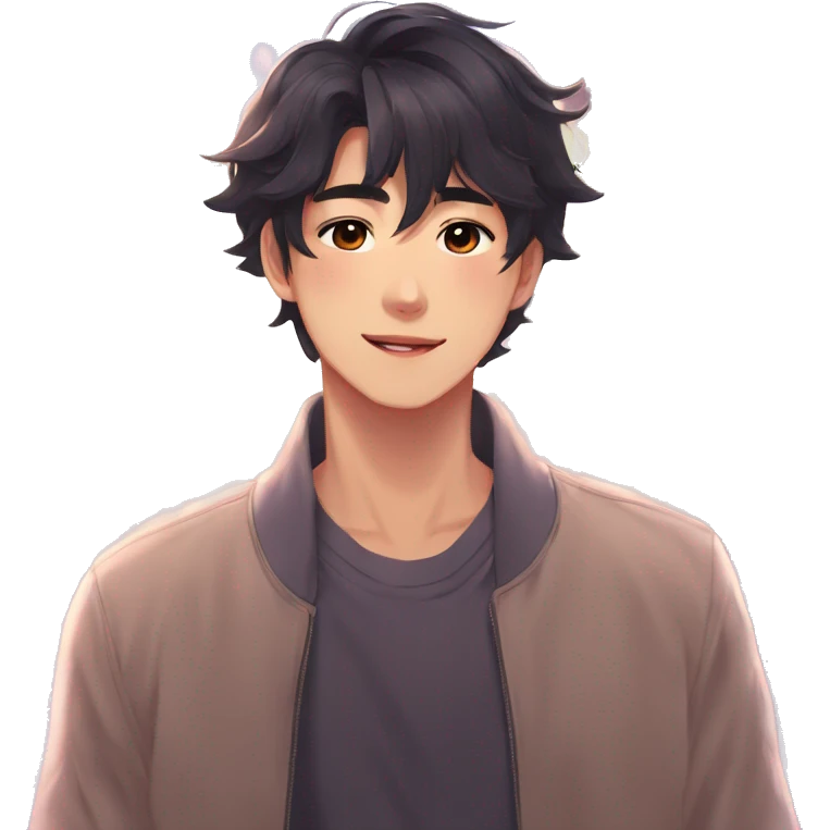 Gorgeous bright sparkly romantic Asian anime guy with blushing face aesthetic trending style outside emoji