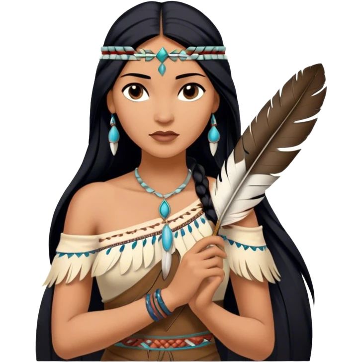 Cinematic Realistic Pocahontas Portrait, depicted with lifelike skin texture, soft natural lighting, and intricately detailed long, flowing raven-black hair that moves gracefully in the wind. Her deep, soulful dark brown eyes exude wisdom and strength, complemented by a serene yet powerful expression. She is shown gently holding a feather in one hand, her other hand resting lightly at her side, embodying the harmonious balance between nature and herself. She is dressed in her classic one-shoulder native American dress, with rich fabric textures and delicate beaded details that catch the light beautifully. The portrait features a soft, sun-kissed glow with a natural, radiant finish, capturing the essence of untamed beauty and deep connection to nature in a realistic and painterly style, evoking a sense of depth and authenticity. emoji