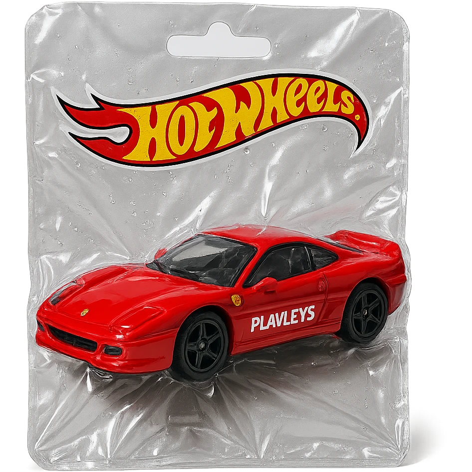 red Ferrari with 'PLAVLEYS' text on the side, packaged in a Hot Wheels blister pack, shiny and inflated, no background emoji