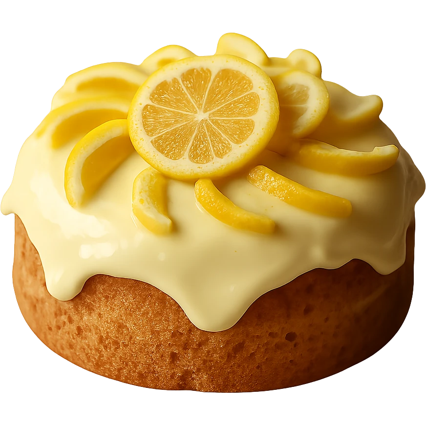 Remove the background, keep only the realistic round cake with lemon frosting and candied lemon slices, photorealistic style, transparent background. emoji