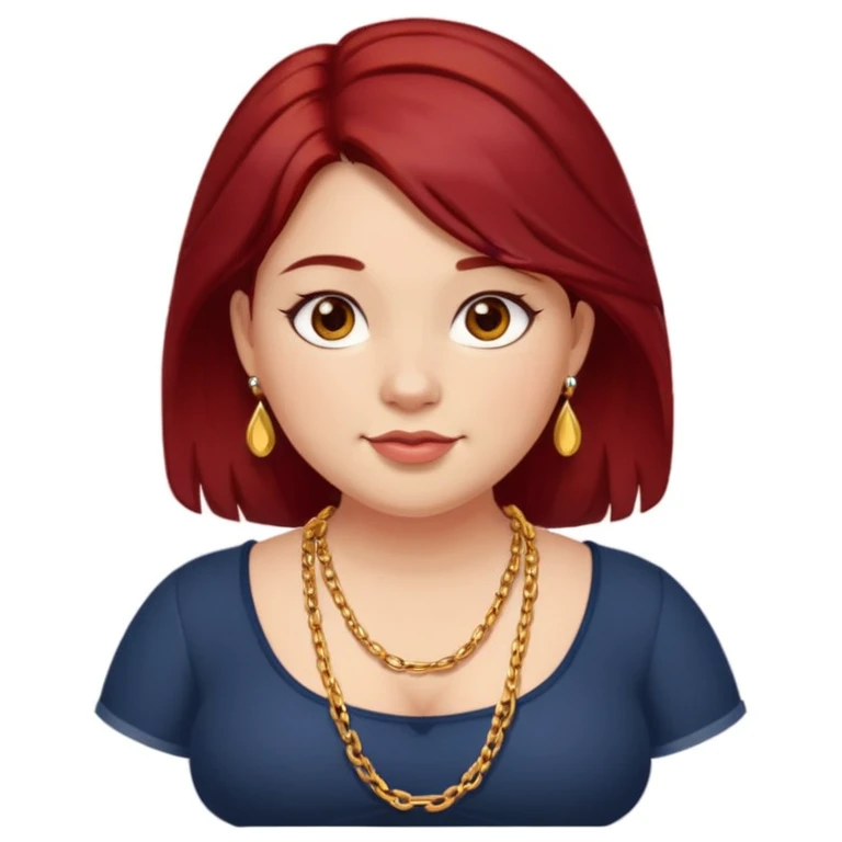 Chubby girl, shoulder length dark red hair, brown eyes, dimples, gold earrings, and necklaces emoji