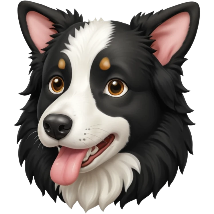A black and white border collie has a cow's hoof in her mouth. emoji