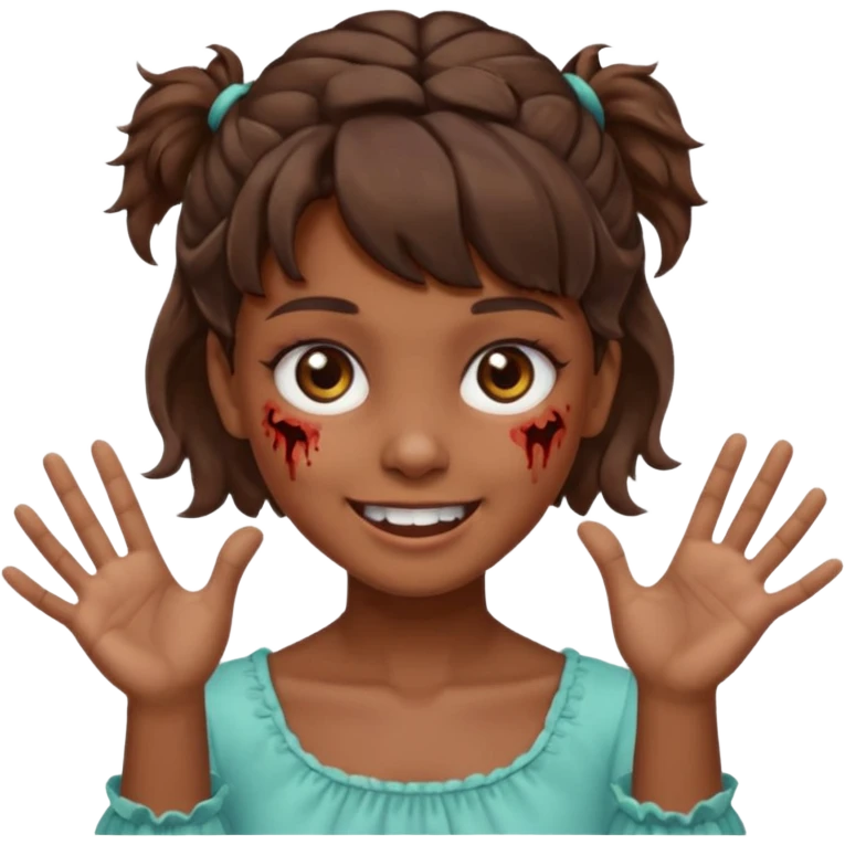 Cabelo ondulado  um pouco cheio e franja curta  Olhos marrons e pequenos e feita d ezumbi mais bonita com cabelo amarro na e com as mãos assim tipo assim🧟‍♀️ emoji