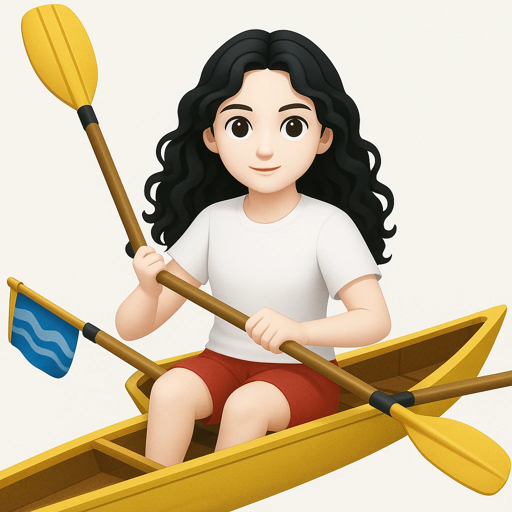 Kızın tenini daha beyaz yap, siyah uzun dalgalı saçlı, kırmızı şort ve beyaz kısa kollu tişörtle olimpik kürek sporu yapıyor emoji