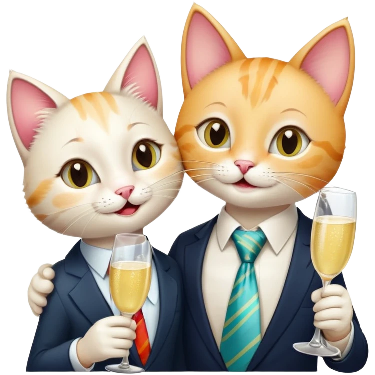 happy girl cat with eyelashes wearing a colorful necktie and happy boy cat wearing a professional necktie clinking champagne glasses together in celebration, both with cheerful expressions emoji