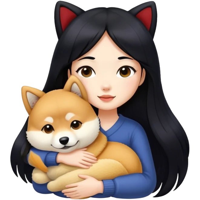 A beautiful girl with long black hair hugs a Shiba Lnu emoji