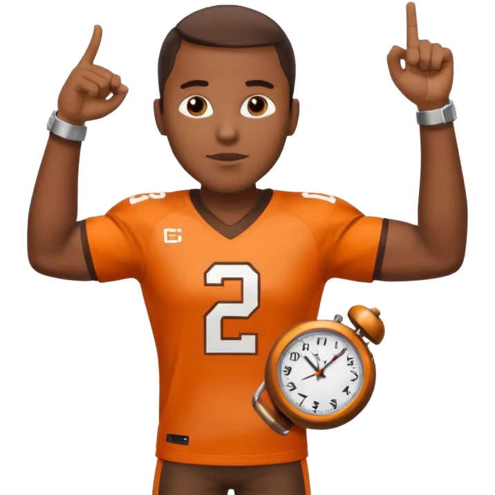 Black man in a brown and orange football jersey holding up his left arm with a watch on, pointing at the watch with his right hand emoji