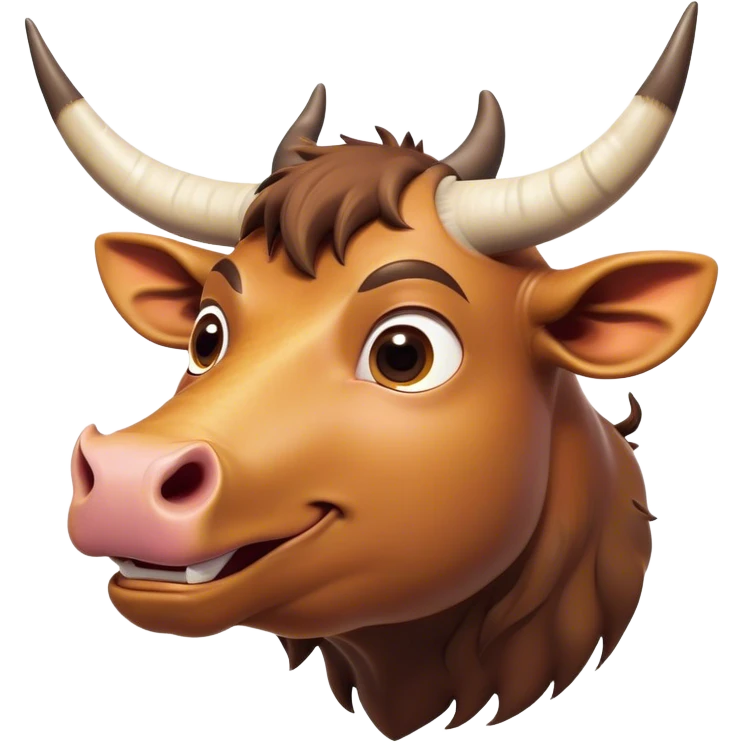 Cinematic Comical Domestic Ox Portrait Emoji, Head tilted dramatically with an exaggeratedly amused expression, featuring a striking, glossy hide with boldly curved horns and wide, expressive eyes brimming with playful disbelief, Simplified yet hilariously expressive features, highly detailed, glowing with a slightly sassy earthy glow, high shine, dramatic yet playful, stylized with an air of cheeky rural mischief, soft glowing outline, capturing the essence of a spirited and over-the-top ox that looks ready to charge its way into internet fame instantly! emoji