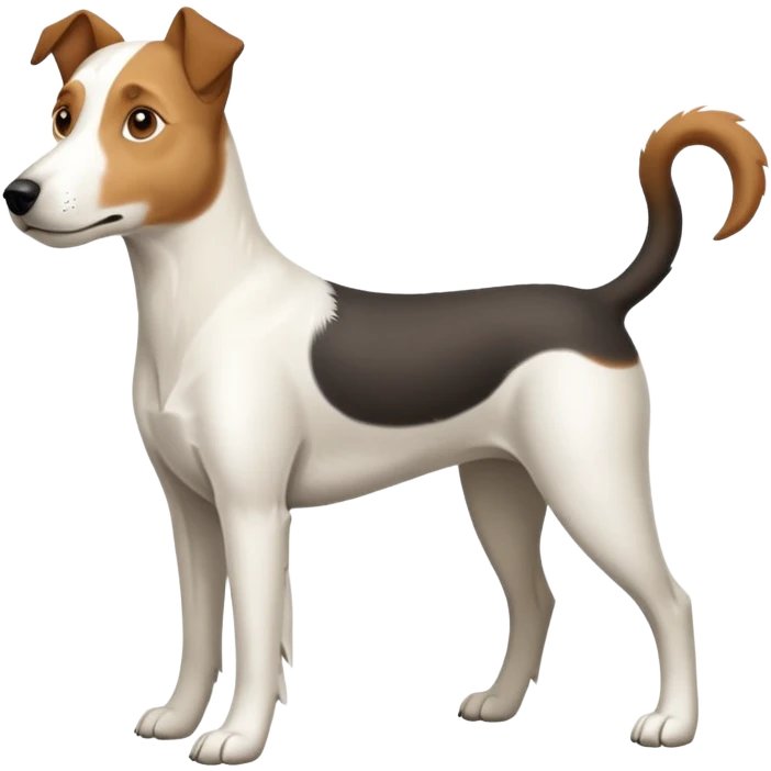 a full body large white parson russell looking dog the size of a kelpie with light brown ears and a light brown patch on one eye and a large snout emoji