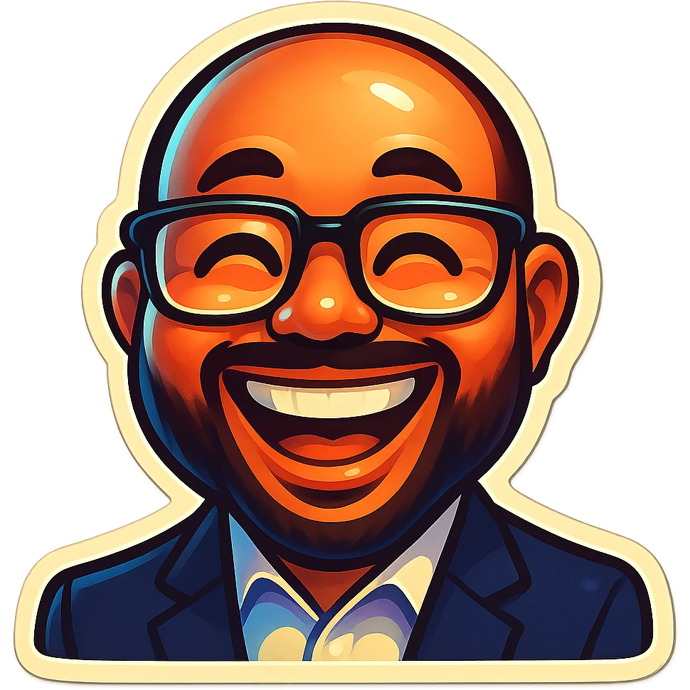 Create a funny emoji version of the person in the photo, exaggerating the smile and glasses for a playful effect. Keep the background transparent. Use a retro stickers style for the emoji. emoji