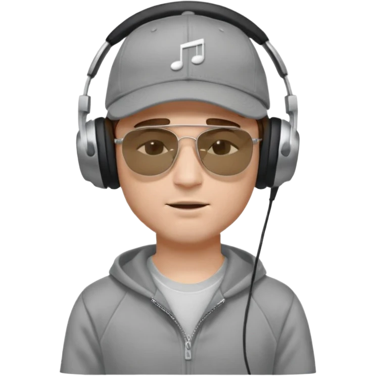 emojis.com dj-man-white-with-baseball-cap---rayban-sun-glasses-80s---brown-hair---closed-eyes-with-headphones-on-with-musical-note-over-head-(listening-to-music-)---eyes-closed-no-glasses---black-hat--musical-notes EYS c losed  grey sweatshirt emoji