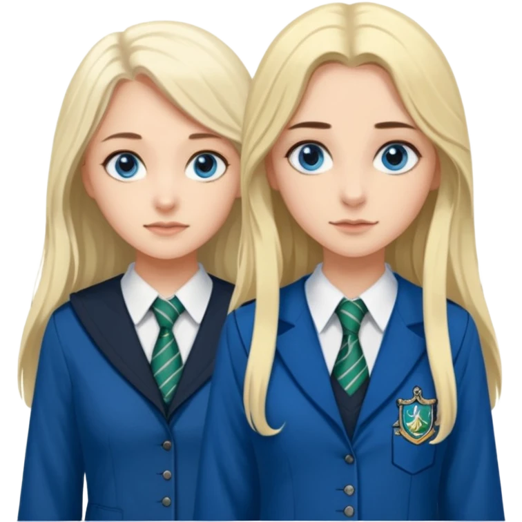 a pretty ravenclaw girl with long dark brown hair and blue eyes standing with a hot Slytherin girl with long blonde hair, blue eyes and big boobs  emoji