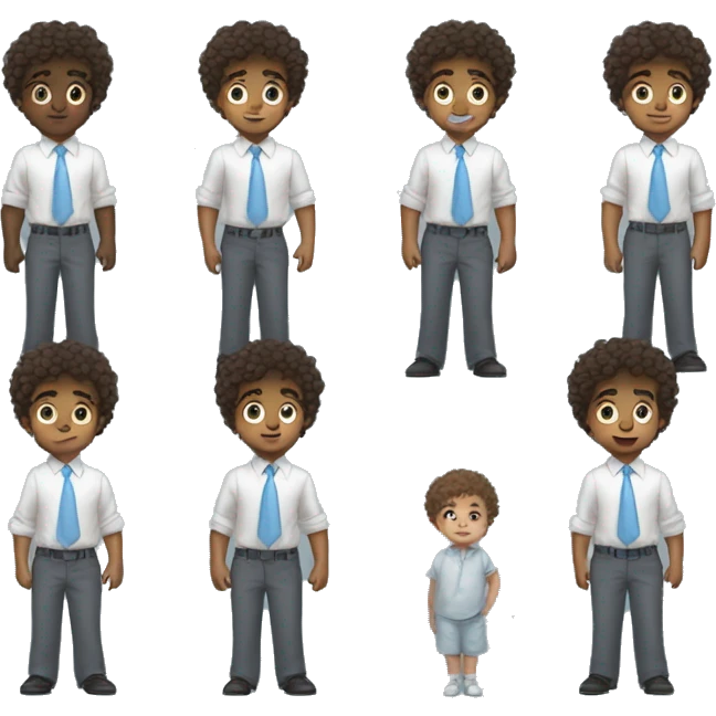 Little young  gentleman wearing a grey suit with white shirt and baby blue tie with blue eyes , black boy and brown curly hair and full body . Wearing a watch  emoji