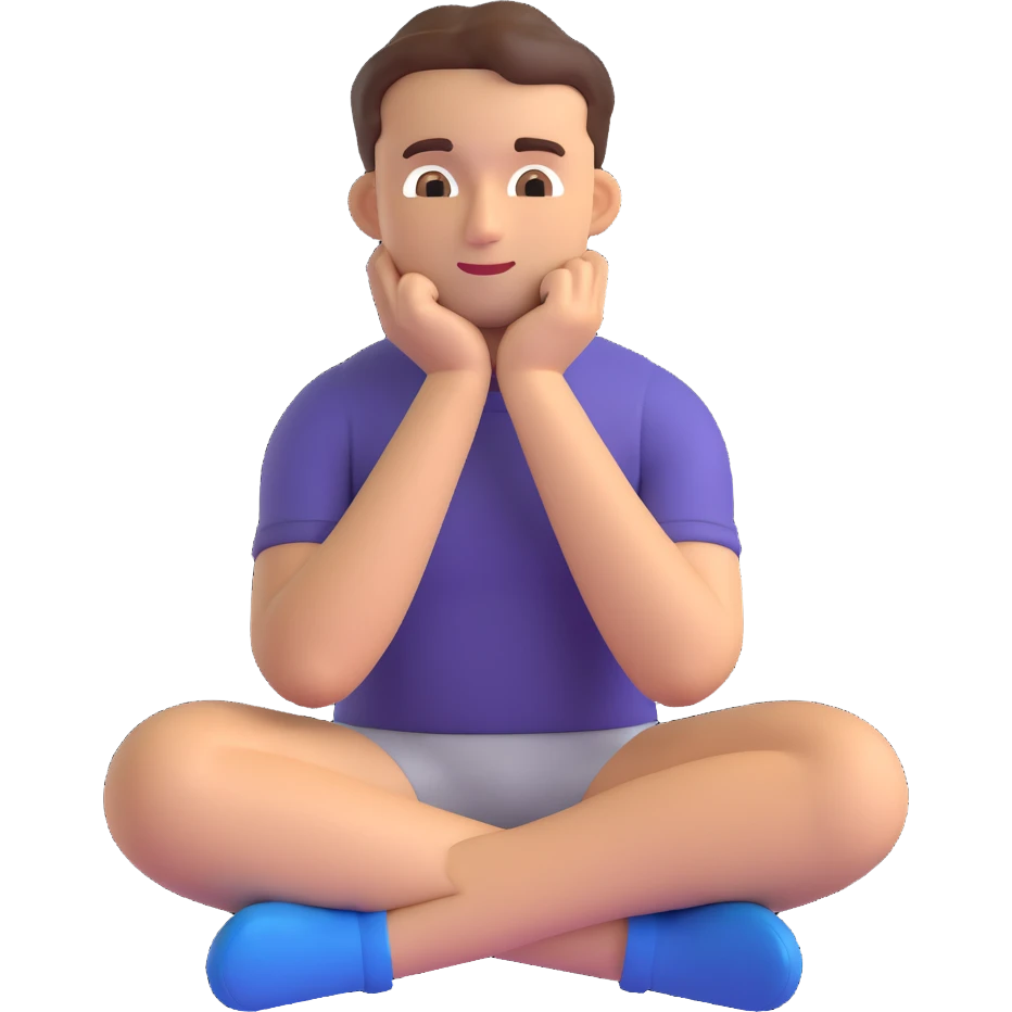 front-facing emoji-style thoughtful man, sitting with one hand under his chin, looking slightly to the side, contemplative and curious mood, neutral or serious expression, clean background emoji