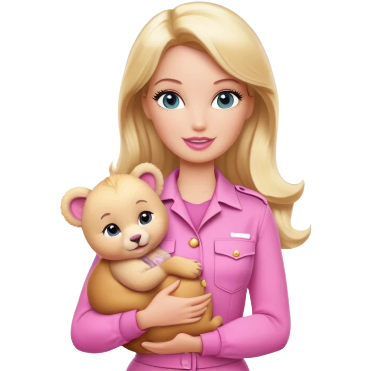 Blonde zookeeper Barbie, pink outfit, holding a cub emoji