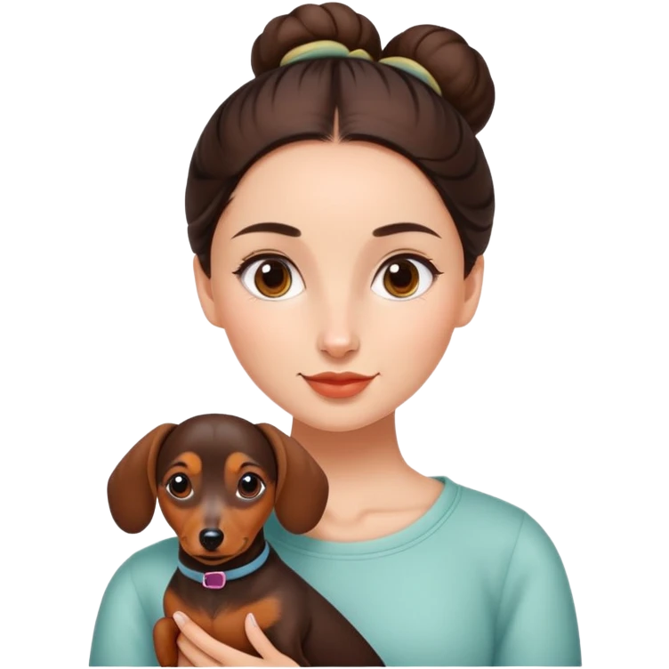 Brunette girl with bun, and a dachshund emoji