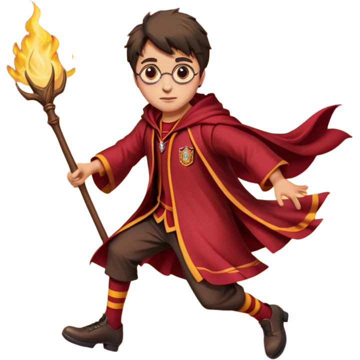 Cartoon-style illustration of Harry Potter flying on a broomstick, Gryffindor red and gold outfit, expressive face, dynamic motion, magical vibe, smooth shading, vibrant colors, no background, transparent background, isolated character. emoji