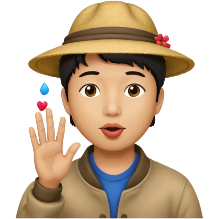 asian man in asian hat blowing a liss emoji