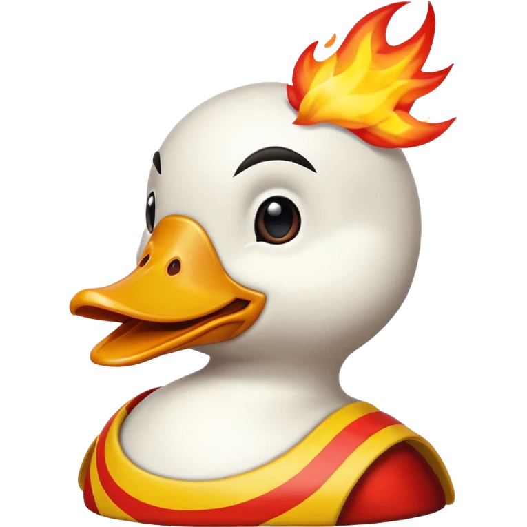 A flaming duck head red as the colour and yellow beak with flames coming off the back and a finish line flag behind the head emoji