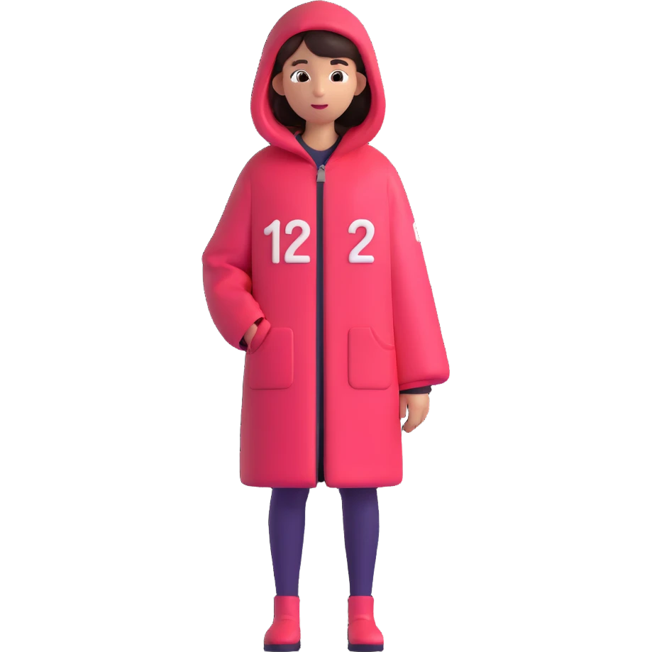A girl with sideways hair, wearing a Squid Game-style coat with the number 120 on the right side of the coat, 3D emoji style emoji