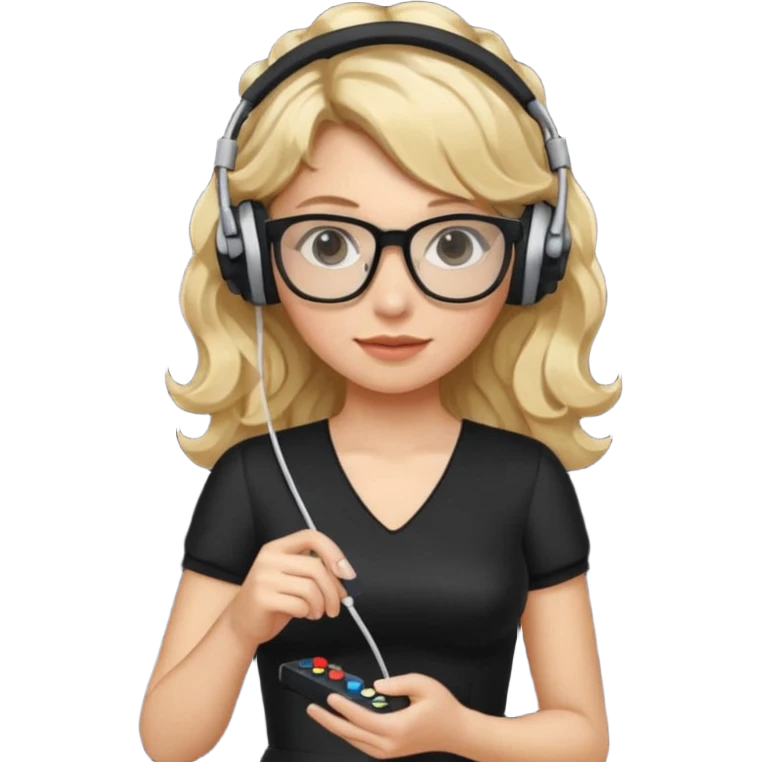 
gamer, woman with blond wavy hair, tight black dress with a white line with glasses, headphone, gamepad emoji