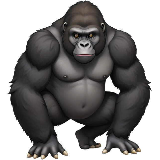 cinematic-friendly relaxed gorilla-realistic-full-body-crouched on all fours-emoji,-poised-with-confidence,-massive-arms-hanging-slightly-forward,-head-tilted-thoughtfully,-thick-black-fur,-deep-dark-eyes-full-of-intelligence,-simplified-yet-realistic emoji