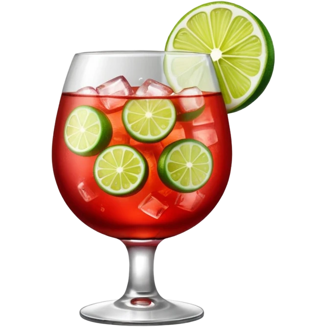 A round wine glass filled with bright red Campari tonic, lots of ice, and a lime wedge on top. emoji
