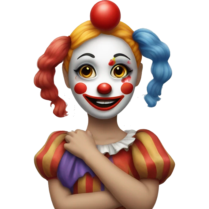 girl hugging a clown with clown makeup, red nose,  emoji