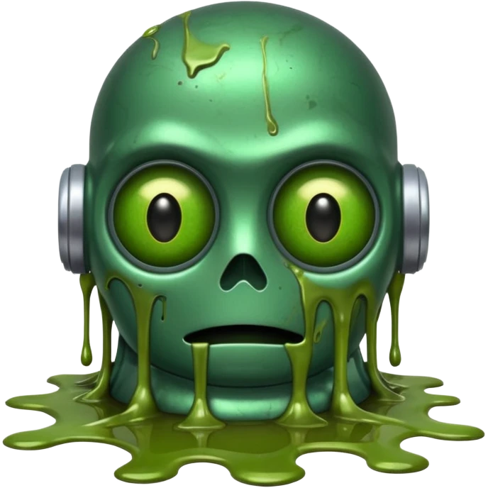 make a tired old melting robot emoji, covered in green sludge, 2d, make the eyes melting and gross emoji