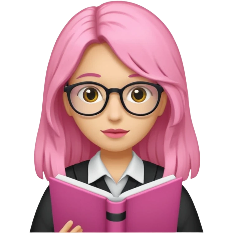 Estudante de cor parda,com o cabelo cacheado na cor loiro escuro , e de óculos segurando um caderno rosa emoji