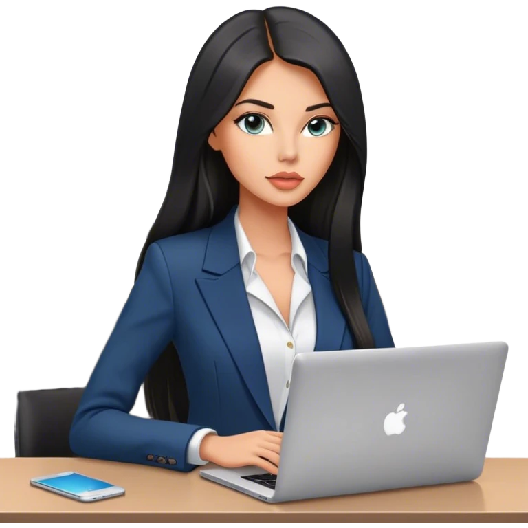 Glamours tanned very beautiful girl with pump peach lips and black straight smooth long hair, blue-grey eyes in blazer (only blazer) with MacBook in the office emoji