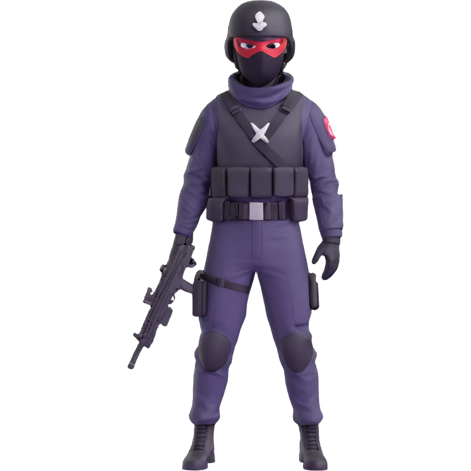 armed figure in all-black military clothing, shiesty mask, and helmet, standing in a ready pose emoji