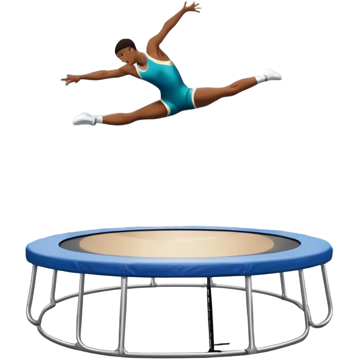 An athletic person soaring high above a trampoline, executing an acrobatic flip with perfect form. The scene captures motion and energy, with a dynamic pose, stretched limbs, and a focused expression. The background suggests a professional trampoline arena with safety padding. emoji