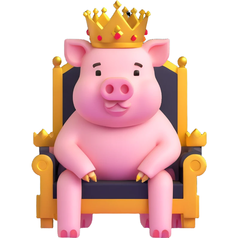 Minecraft style pig with a golden crown sitting on a throne, inspired by Technoblade emoji