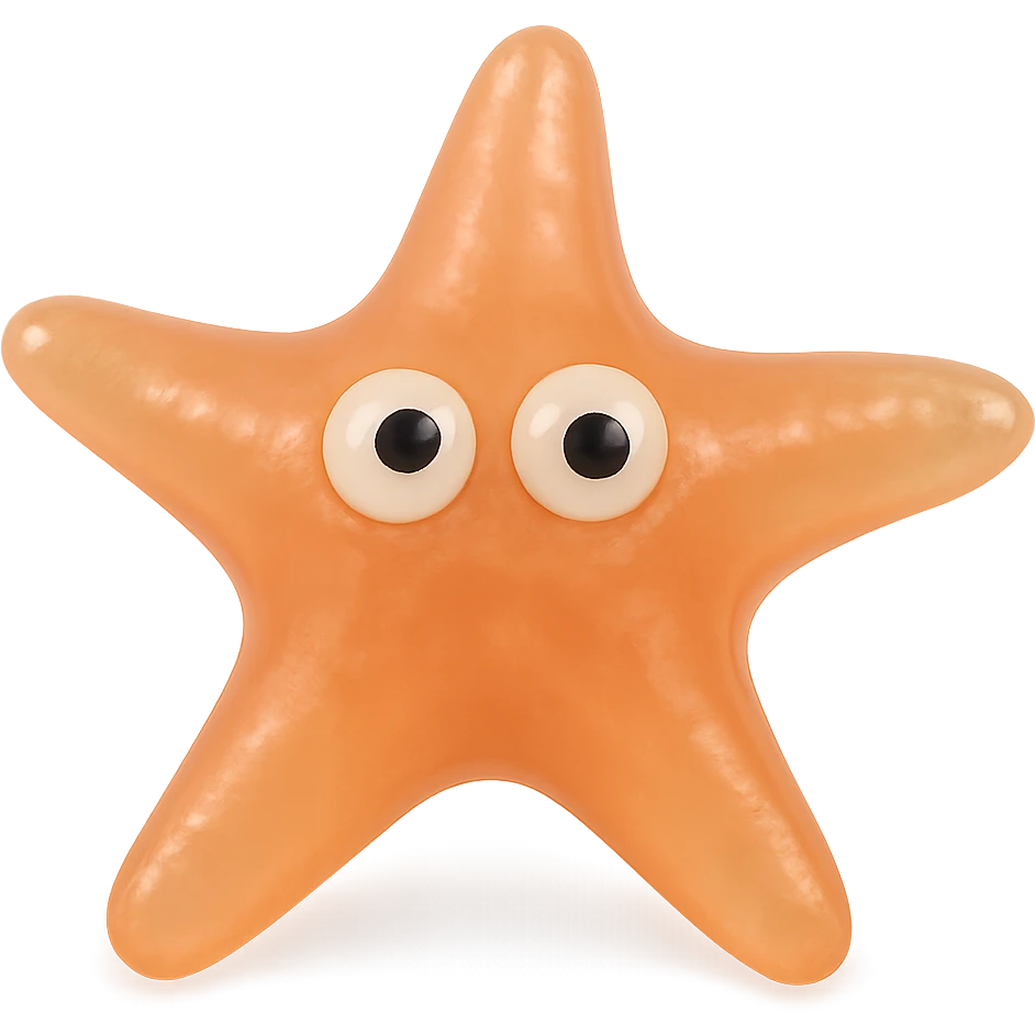 Make the starfish a natural color (e.g., orange or pink), more transparent and see-through, retro 90's toy style, derpy eyes, no tag, no background, soft plastic, soft reflections, soft and squishy, some cloudiness, not shiny, highly detailed, appealing. emoji