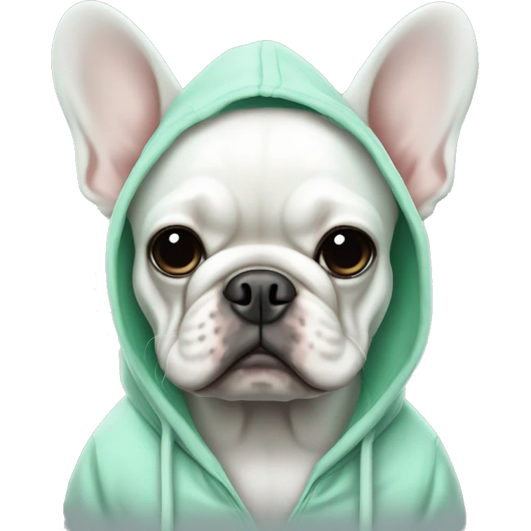 White French bulldog with a hoodie that is mint colored emoji