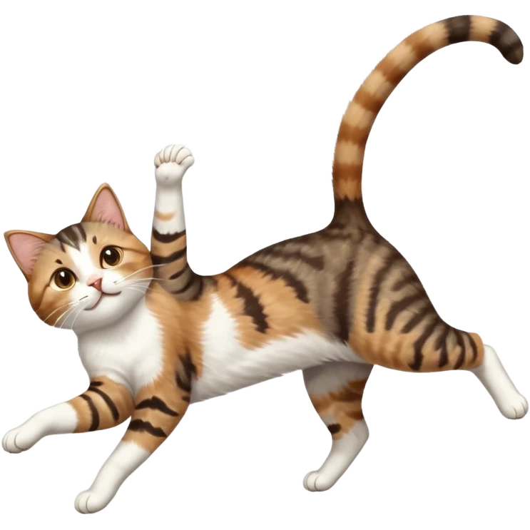 brown tabby and white cat with doing a big extremely long stretch reaching up into the air with arms and legs side by side together straight and overextended whilst lying on its side emoji