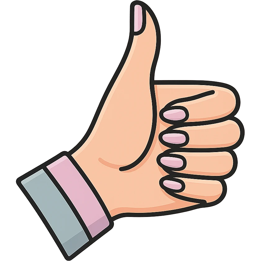 thumbs up, female hand with long fingers, icon-color-outlined style, thin clean contours, elegant soft rounded shapes, pastel palette #98B5BC, #B5B3C1, #C9A3C9, #E4C0CA, #F7DCD1, #F7C0AA, detailed shadows and highlights, soft lighting, no background emoji