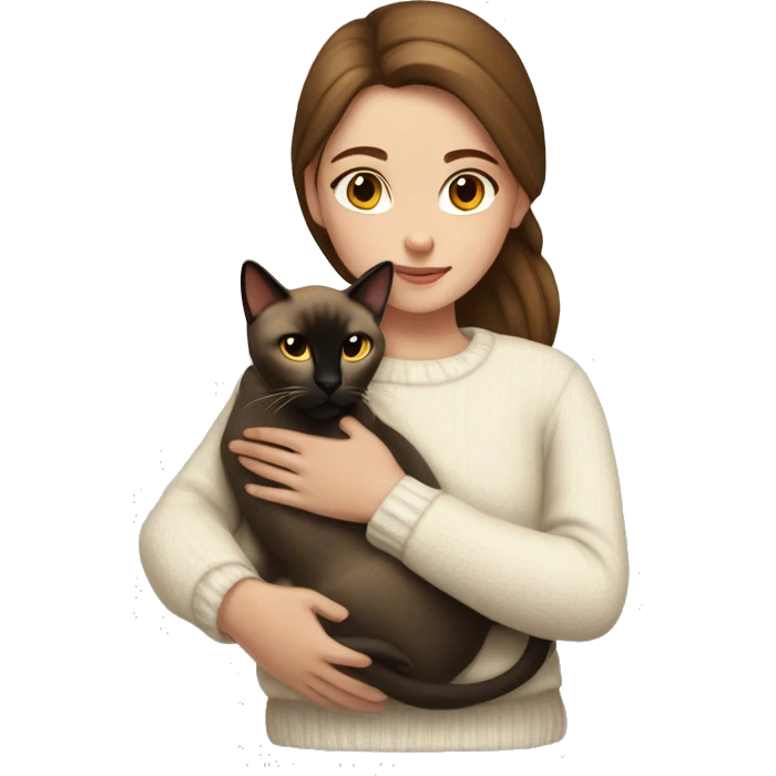 a girl with brown hair, in a white sweater, hugs a Siamese cat. emoji